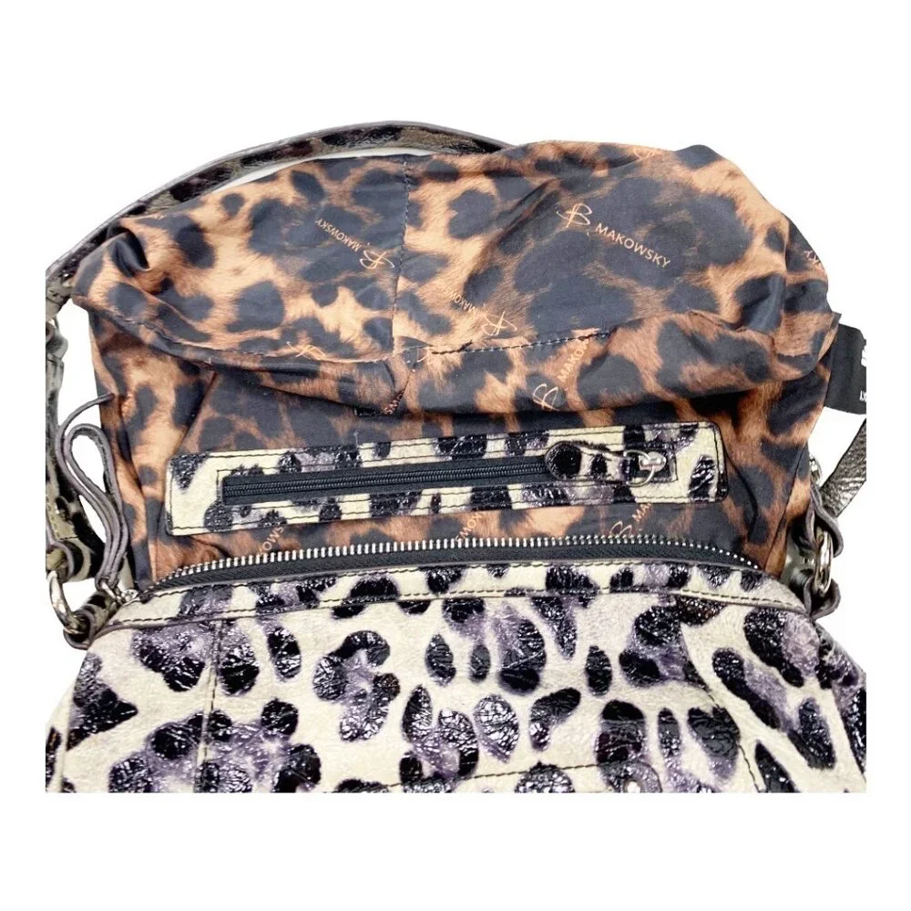 B. Makowsky Shiny Leopard Print Genuine Leather Satchel Handbag Purse - Picture 14 of 16